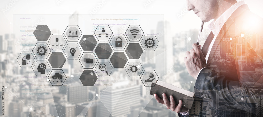 Poster hexagon interface combining ai, data, analytics, and cybersecurity. ai connects systems, data drives