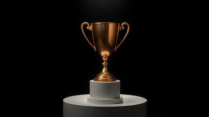 A gleaming gold trophy displayed on a pedestal, highlighted by dramatic studio lighting against darkness.