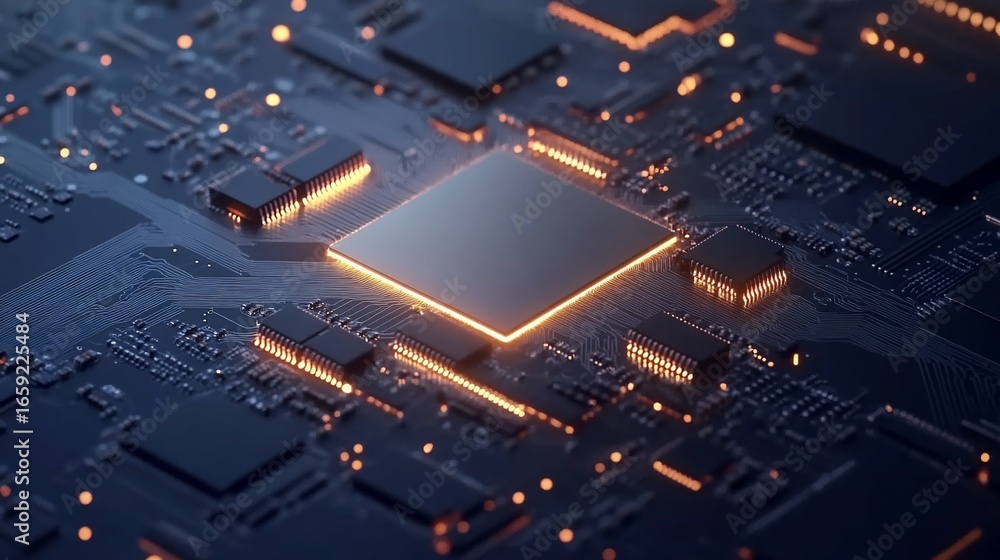 Poster detailed view of a glowing motherboard with processors and intricate circuits