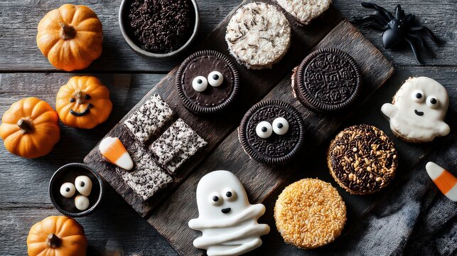 A halloween treat board featuring pumpkin cookies, ghost cookies, and oreo eyeball cookies displayed