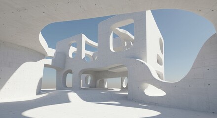 Abstract white concrete structure with rounded openings under a bright blue sky