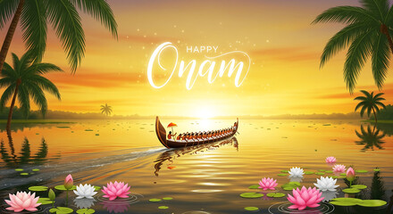 Happy Onam greeting card with a traditional snake boat race on a serene river at sunset with palm trees.