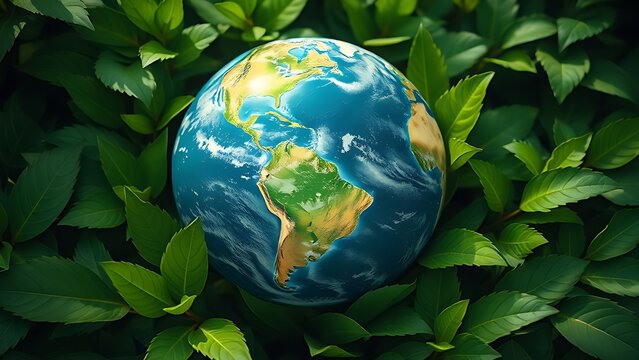 Earth globe surrounded by lush green leaves, symbolizing environmental awareness under natural ambient light. - Powered by Adobe