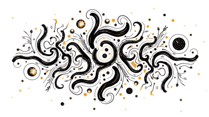 Abstract black and gold swirling shapes with dots and star like elements create dynamic and elegant decorative pattern with festive feel