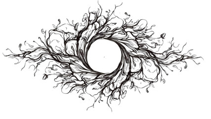 Dark abstract eye shape with swirling branches and leaves, creating mysterious and organic design