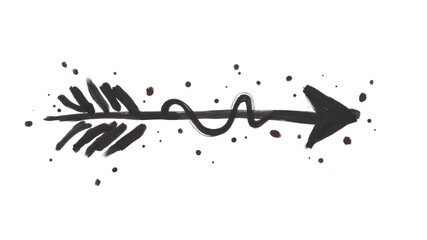 Black hand drawn arrow with decorative swirl and dots, simple artistic design with rustic style