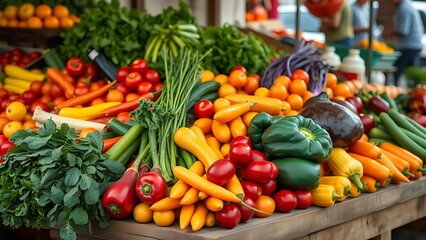 Colorful assortment of fresh vegetables on a wooden stall, showcasing natural abundance.