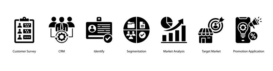 CRM and Market Analytics web banner icon vector illustration featuring Customer Survey, CRM, Identify, Segmentation, Market Analysis, Target Market, and Promotion Application.