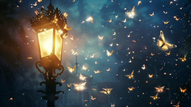 streetlamp surrounded by flying glowing moths