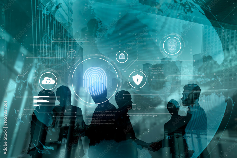 Poster biometric identity system using fingerprint and facial recognition to secure cloud access, protect s
