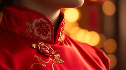 Silk cheongsam collar with peony embroidery, exuding elegance and festive spirit for China National Day.