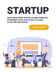 Startup business team celebrating success rocket launch office workspace analytics chart modern workplace web banner