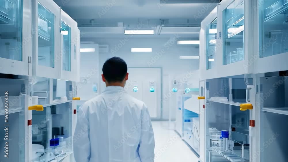 Poster a scientist working diligently in a modern laboratory, surrounded by advanced equipment and safety p