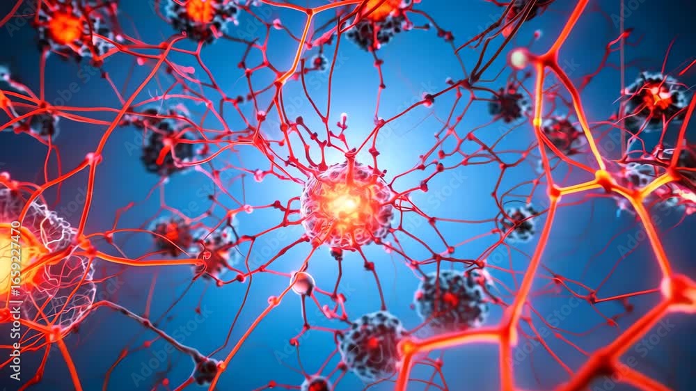 Poster stunning depiction of neurons and synapses showcasing electrical activity, ideal for educational and