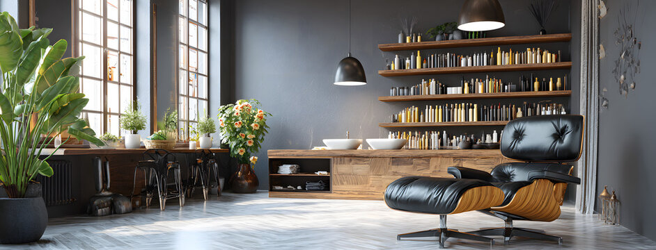 cosy contemporary luxury interior design of a relaxing lounge or beauty salon chair as modern home or hair dresser mockup wide banners 