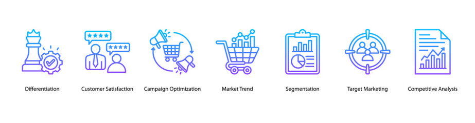 Customer Experience Optimization web banner icon vector illustration featuring Differentiation, Customer Satisfaction, Market Trend, Segmentation, Target Marketing, and Competitive Analysis.