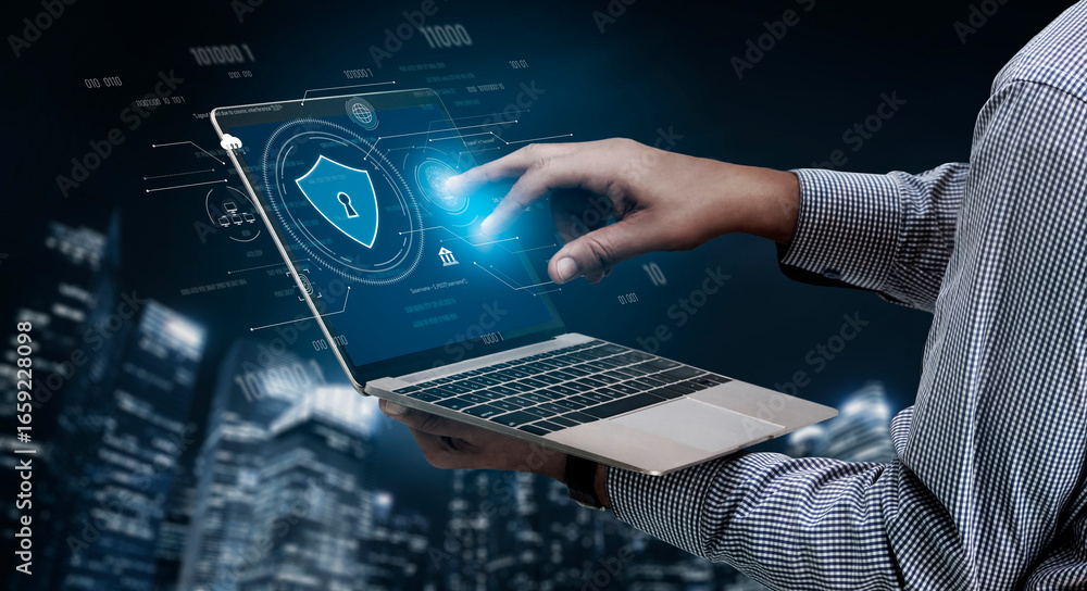 Poster cyber security interface with biometric and ai-powered protection system. cyber security secures acc