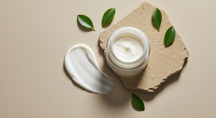 Natural Skincare Cream with Green Leaves on Stone Background