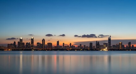 Obraz premium Panoramic City Skyline Reflection at Dusk with Illuminated Modern Buildings and Tranquil Water