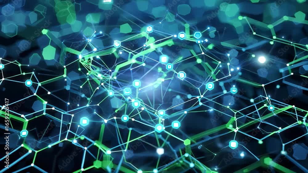 Poster a captivating abstract background featuring a hexagonal pattern illuminated by vibrant blue and gree