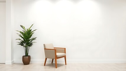 An elegant reception area featuring a single chair and a decorative plant against a clean white wall.