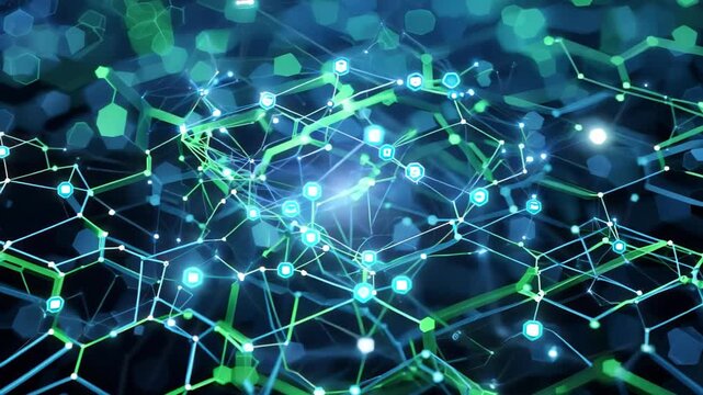 A captivating abstract background featuring a hexagonal pattern illuminated by vibrant blue and green lights. Perfect for technology and digital designs.