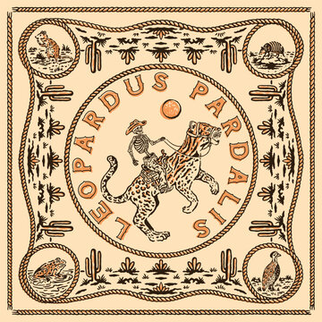 ocelot illustration cowboy graphic skull design rodeo badge bandana vintage wild west
