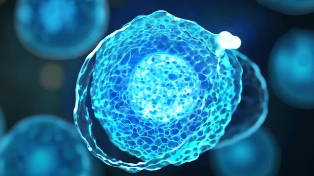 This image portrays a detailed representation of a biological cell structure, showcasing intricate cellular components with a glowing blue effect, emphasizing life sciences.