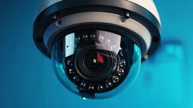 Captured detail of a modern security camera showcasing its advanced lens and design, highlighting crucial elements of surveillance technology for safety and monitoring.