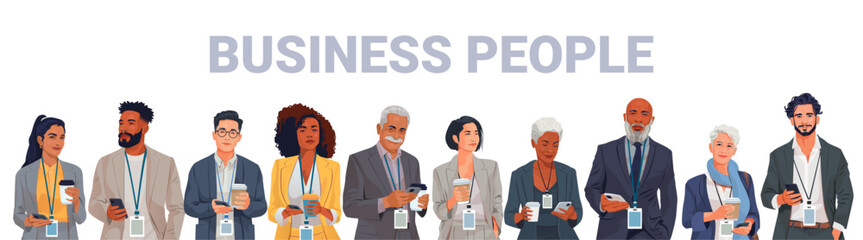 Business people diverse team standing together holding coffee and smartphones professional office attire conference badges white background banner