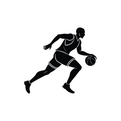 Silhouette of a basketball player dribbling the ball at full speed