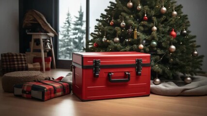 Set of wrenches in red box near Christmas tree with copy space. Merry Christmas and Happy New Years Handy Construction Tools background concept. Tools kit in a big case, toolbox as a Christmas gift
