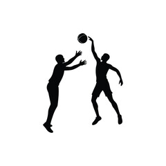 Two basketball players in silhouette competing for a basketball in the air