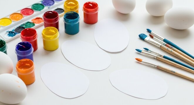 Art supplies, white eggs, paper cutouts, and paintbrushes arranged on a bright white surface for crafting - Powered by Adobe