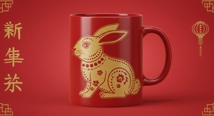 Red mug with golden rabbit design for the Lunar New Year against a red background