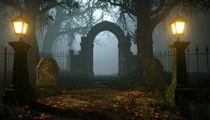 A spooky graveyard scene at dusk, featuring an arched entrance and glowing lanterns.