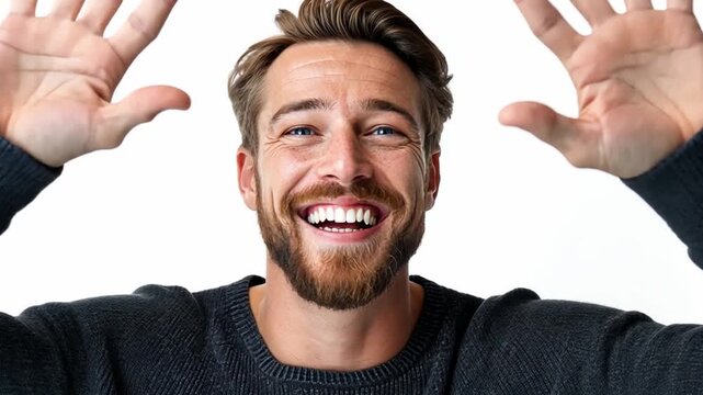 Joyful expression: Capture the essence of a person radiating pure joy, his arms raised, showcasing an infectious smile, a symbol of happiness, optimism, and unadulterated delight.