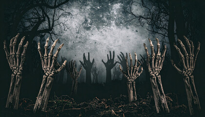 Skeletal hands reaching upwards from the earth in a dark forest under a stormy sky, evoking a sense of dread and the undead.