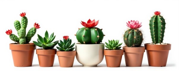 Fototapeta premium A collection of diverse succulents and cacti in various pots, isolated on white , cacti, arid