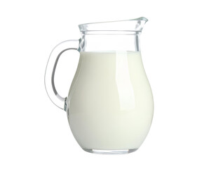 A glass jug full of whole cream cow milk isolated on transparent background.