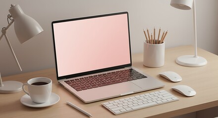 Minimalist home office desk with a laptop mockup screen, coffee, and modern supplies for a remote work concept.