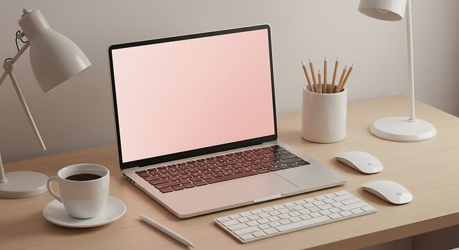 Minimalist home office desk with a laptop mockup screen, coffee, and modern supplies for a remote work concept.
