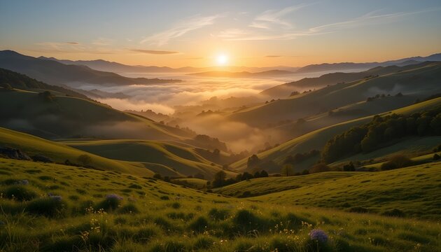 A landscape view of rolling green hills with fog in the valleys at a golden sunrise or sunset time