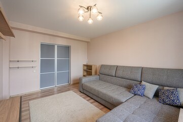 cozy living room features a gray sectional sofa with blue pillows, a light rug, a modern ceiling light, and a closet with sliding doors