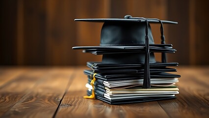 A neat stack of graduation caps on a wooden surface, radiating a sense of achievement and celebration.