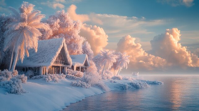 Snowy tropical paradise at dawn. Coastal houses covered in snow, palm trees, serene sunrise