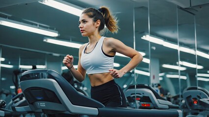 Fototapeta premium Woman Running on Treadmill in Modern Gym with Mirrors and Bright Lighting, Focusing on Fitness and Training.