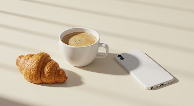 A white mug of coffee, a golden croissant, and a white phone rest on a cream-colored surface, bathed in sunlight and shadows