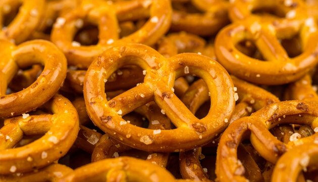 Salty brown baked pretzels, a delicious and crunchy snack, are isolated on a white background
