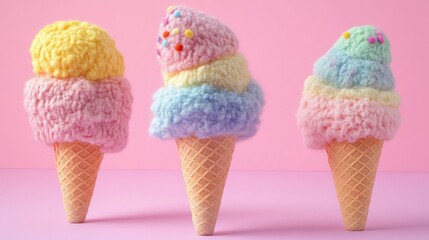 Three Colorful Ice Cream Cones on Pink